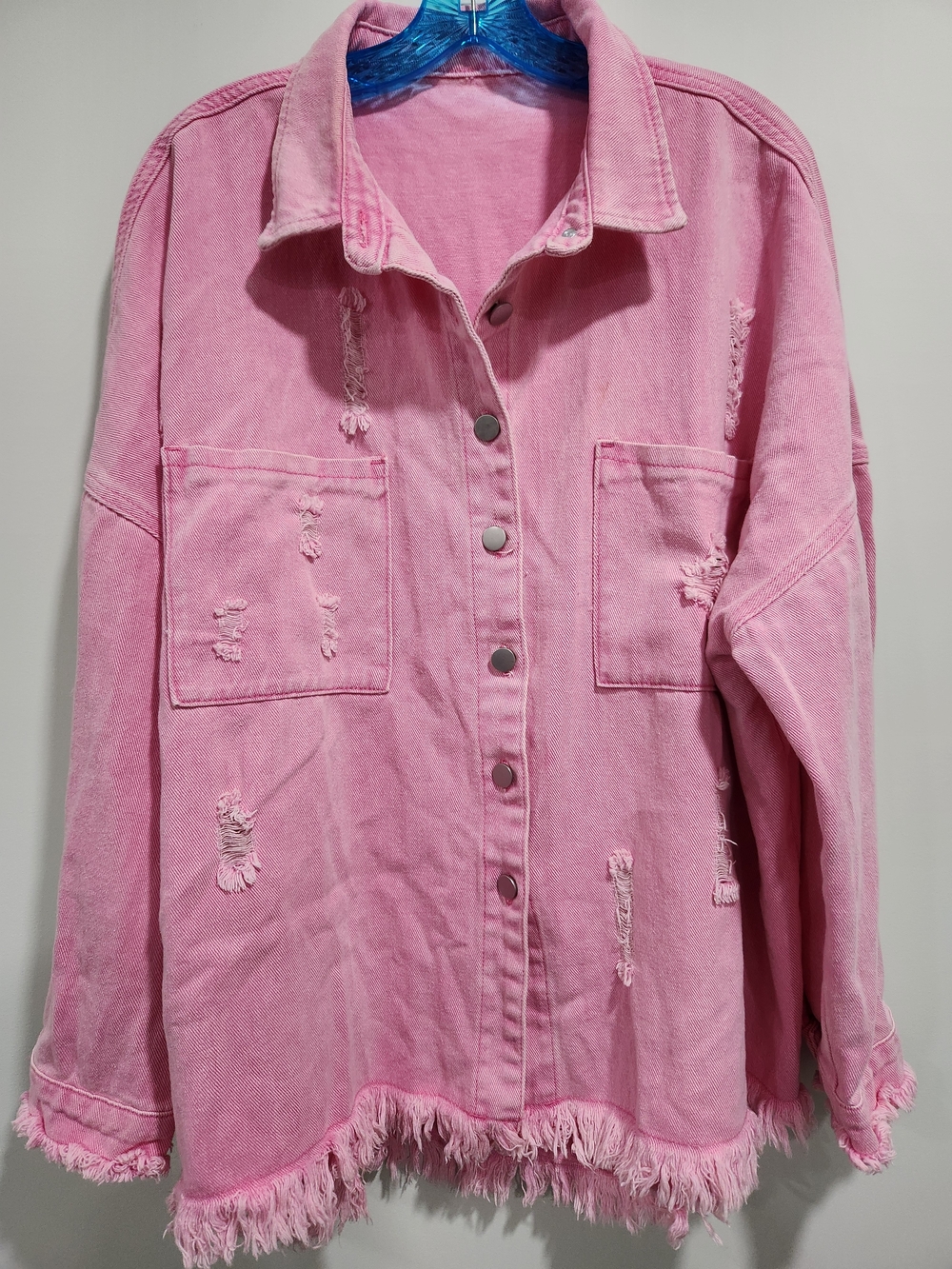 Women's Pink Distressed Denim Shacket Jacket